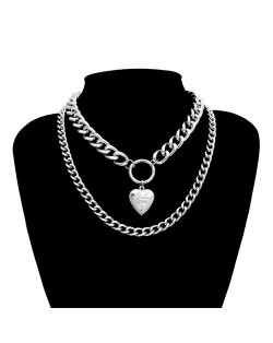 Creative Openable Heart Pendant Dual Layers Chunky Chain Short Costume Necklace - Silver