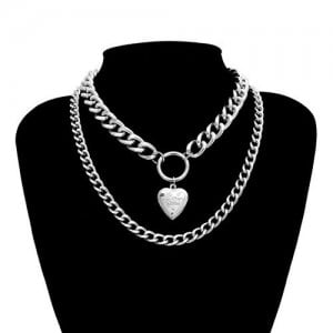 Creative Openable Heart Pendant Dual Layers Chunky Chain Short Costume Necklace - Silver