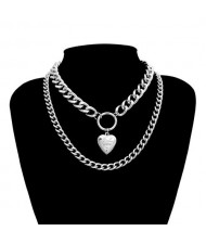 Creative Openable Heart Pendant Dual Layers Chunky Chain Short Costume Necklace - Silver