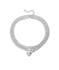 Creative Openable Heart Pendant Dual Layers Chunky Chain Short Costume Necklace - Silver