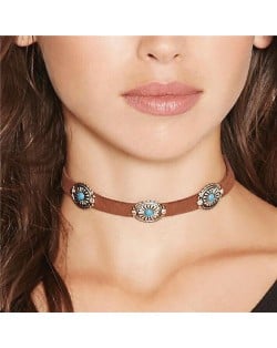 Artificial Turquoise Inlaid Flowers Design Bohemian Fashion Choker Necklace - Brown