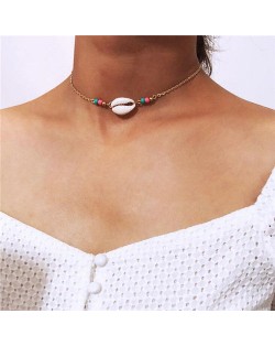 Natural Seashell with Colorful Beads Combo Design Folk Style Costume Necklace - Golden