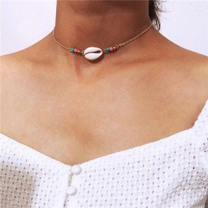 Natural Seashell with Colorful Beads Combo Design Folk Style Costume Necklace - Golden