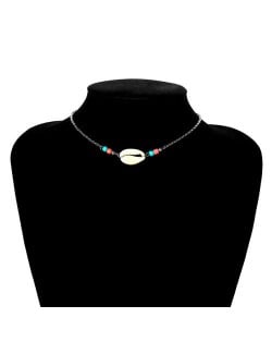Natural Seashell with Colorful Beads Combo Design Folk Style Costume Necklace - Silver
