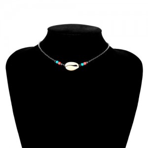 Natural Seashell with Colorful Beads Combo Design Folk Style Costume Necklace - Silver