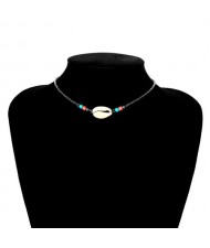 Natural Seashell with Colorful Beads Combo Design Folk Style Costume Necklace - Silver