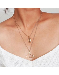 Alloy Seashell and Fish Tail Pendants Combo Dual Layers High Fashion Necklace - Golden