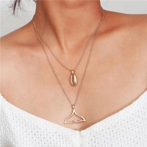 Alloy Seashell and Fish Tail Pendants Combo Dual Layers High Fashion Necklace - Golden