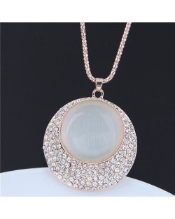 Opal and Rhinestone Embellished Round Pendant Long Style Golden Costume Necklace