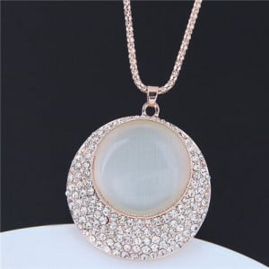 Opal and Rhinestone Embellished Round Pendant Long Style Golden Costume Necklace
