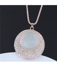 Opal and Rhinestone Embellished Round Pendant Long Style Golden Costume Necklace