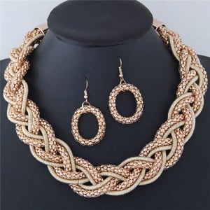 Weaving Braids Design Chunky Necklace and Earrings Set - Golden