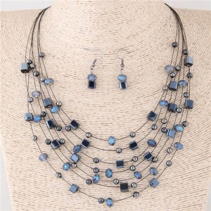 Crystal Beads Multi-layer High Fashion Costume Necklace and Earrings Set - Gray