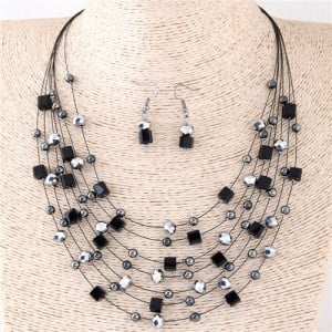 Crystal Beads Multi-layer High Fashion Costume Necklace and Earrings Set - Black