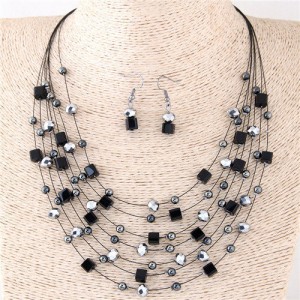 Crystal Beads Multi-layer High Fashion Costume Necklace and Earrings Set - Black