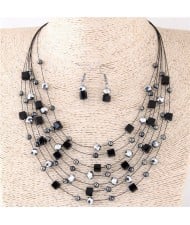 Crystal Beads Multi-layer High Fashion Costume Necklace and Earrings Set - Black