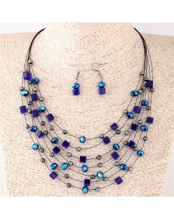 Crystal Beads Multi-layer High Fashion Costume Necklace and Earrings Set - Blue