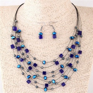 Crystal Beads Multi-layer High Fashion Costume Necklace and Earrings Set - Blue