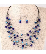 Crystal Beads Multi-layer High Fashion Costume Necklace and Earrings Set - Blue