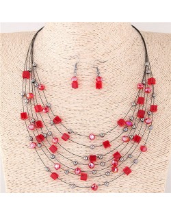 Crystal Beads Multi-layer High Fashion Costume Necklace and Earrings Set - Red