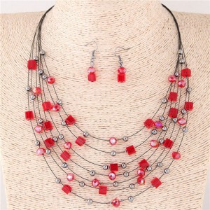 Crystal Beads Multi-layer High Fashion Costume Necklace and Earrings Set - Red