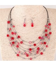 Crystal Beads Multi-layer High Fashion Costume Necklace and Earrings Set - Red
