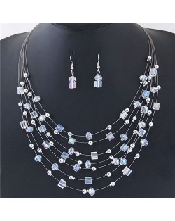 Crystal Beads Multi-layer High Fashion Costume Necklace and Earrings Set - White