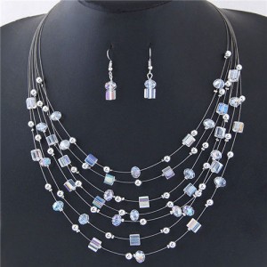 Crystal Beads Multi-layer High Fashion Costume Necklace and Earrings Set - White