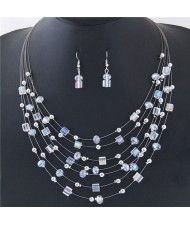 Crystal Beads Multi-layer High Fashion Costume Necklace and Earrings Set - White