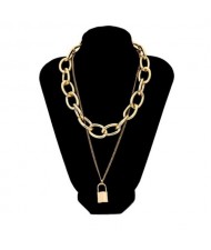 Punk Fashion Triple Layers Lock Pendant Women Statement Necklace - Golden