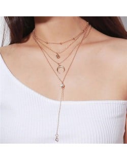 Arch and Rhinestone Pendants Multi-layer Fashion Statement Necklace - Golden