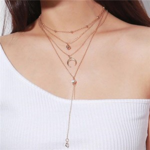 Arch and Rhinestone Pendants Multi-layer Fashion Statement Necklace - Golden