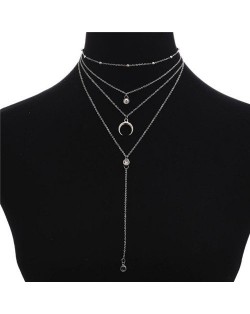 Arch and Rhinestone Pendants Multi-layer Fashion Statement Necklace - Silver