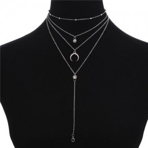 Arch and Rhinestone Pendants Multi-layer Fashion Statement Necklace - Silver