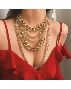 Multi-layer Chain Punk High Fashion Alloy Women Costume Necklace - Golden