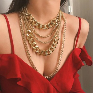 Multi-layer Chain Punk High Fashion Alloy Women Costume Necklace - Golden