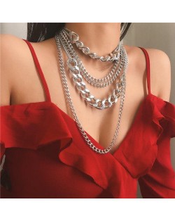 Multi-layer Chain Punk High Fashion Alloy Women Costume Necklace - Silver