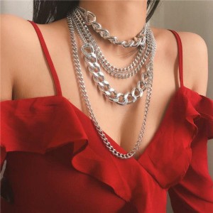 Multi-layer Chain Punk High Fashion Alloy Women Costume Necklace - Silver