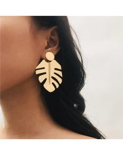 Tropical Leaves Design Bold Fashion Women Statement Earrings - Golden