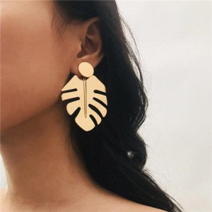 Tropical Leaves Design Bold Fashion Women Statement Earrings - Golden