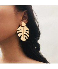 Tropical Leaves Design Bold Fashion Women Statement Earrings - Golden