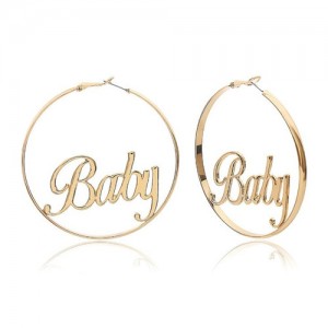 Baby Alphabets Inlaid Big Hoop Design Golden High Fashion Earrings