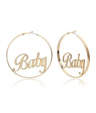 Baby Alphabets Inlaid Big Hoop Design Golden High Fashion Earrings