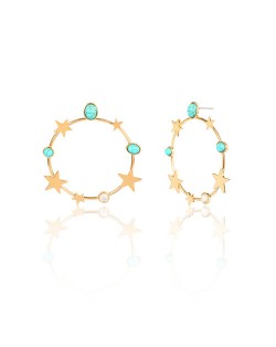 Turquoise and Stars Embellished Alloy Hoop Women Fashion Earrings - Golden