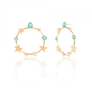Turquoise and Stars Embellished Alloy Hoop Women Fashion Earrings - Golden
