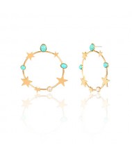Turquoise and Stars Embellished Alloy Hoop Women Fashion Earrings - Golden