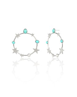Turquoise and Stars Embellished Alloy Hoop Women Fashion Earrings - Silver
