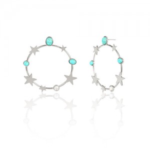 Turquoise and Stars Embellished Alloy Hoop Women Fashion Earrings - Silver