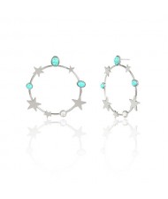 Turquoise and Stars Embellished Alloy Hoop Women Fashion Earrings - Silver