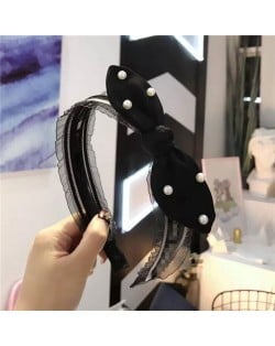 Pearl Decorated Rabit Ear Bowknot Fashion Women Cloth Hair Hoop - Black
